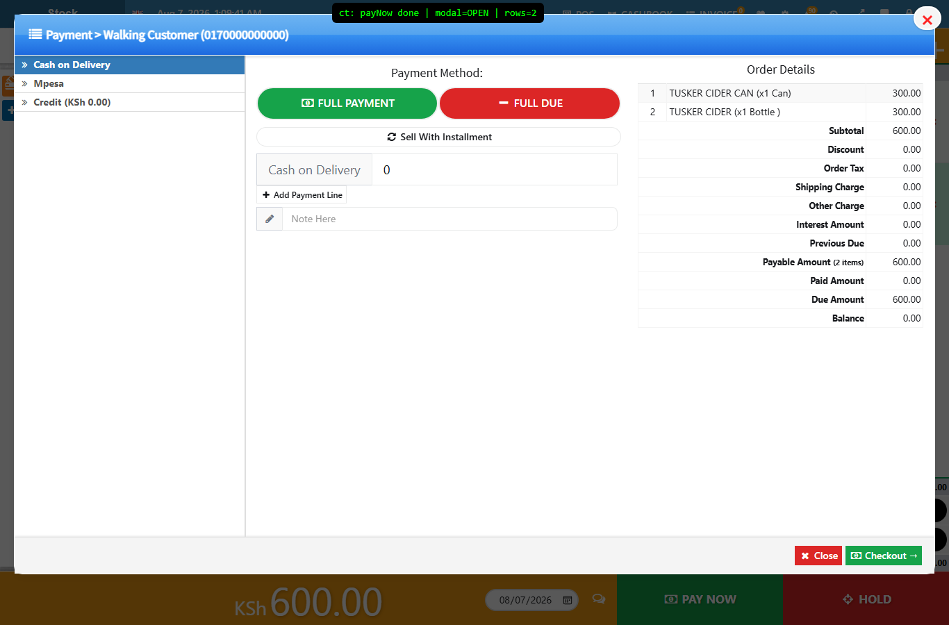 Checkout screen with order details and payment methods including M-Pesa